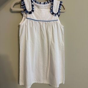 White and Blue Sleeveless Sundress with Pleated Ruffles